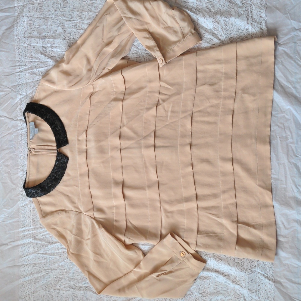 PURE Collection 100% Silk Tan Sequin Collar Blouse Size 6